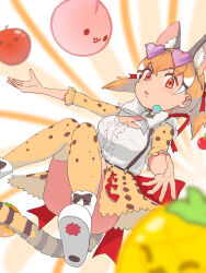 Rule 34 | :3, animal ear fluff, animal ears, animal print, back bow, blonde hair, boots, bow, bowtie, brown hair, cat ears, cat girl, cat print, cat tail, center frills, extra ears, eyewear on head, frilled sleeves, frills, heart, heart-shaped eyewear, highres, kemono friends, kemono friends v project, large-spotted genet (kemono friends), looking at viewer, orange eyes, print skirt, print sleeves, print thighhighs, red bow, shirt, short hair, short twintails, skirt, suspender skirt, suspenders, tail, thighhighs, twintails, virtual youtuber, white bow, white bowtie, white footwear, white hair, white shirt, y0whqzz8bkslezl, zettai ryouiki