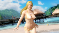 Rule 34 | 1girl, 3d, ball, beach, blonde hair, blue eyes, breasts, cleavage, dead or alive, dead or alive 5, helena douglas, large breasts, long hair, midriff, navel, ocean, official art, shell, shell bikini, solo, swimsuit, tecmo, underboob