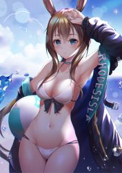 Rule 34 | 1girl, amiya (arknights), animal ears, arknights, arm up, armpits, ball, bare shoulders, beachball, bikini, black bow, black jacket, blue eyes, blue sky, blush, bow, bow bikini, breasts, brown hair, carrying, carrying under arm, chromatic aberration, cleavage, closed mouth, cloud, cloudy sky, collarbone, commentary, day, fingernails, gluteal fold, groin, hair between eyes, highres, horizon, hyonee, jacket, jewelry, long hair, long sleeves, medium breasts, navel, ocean, open clothes, open jacket, outdoors, puffy long sleeves, puffy sleeves, rabbit ears, revision, ring, sidelocks, sky, solo, swimsuit, thigh gap, thumb ring, very long hair, water, white bikini