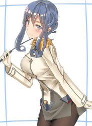 Rule 34 | 1girl, bad id, bad pixiv id, black necktie, blue eyes, blue hair, blush, breasts, brown pantyhose, buttons, closed mouth, collared shirt, cosplay, double-breasted, epaulettes, gloves, gotland (kancolle), hair between eyes, hair bun, holding, holding riding crop, holding whip, jacket, kantai collection, katori (kancolle), katori (kancolle) (cosplay), long hair, long sleeves, looking at viewer, medium breasts, military, military uniform, miniskirt, mole, mole under eye, necktie, pallad, pantyhose, pointer, riding crop, shirt, sidelocks, simple background, single hair bun, skirt, smile, solo, standing, uniform, white gloves