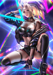 Rule 34 | 1girl, akali, black hair, blonde hair, blue eyes, breasts, choker, cleavage, eyeshadow, fingerless gloves, gloves, high ponytail, highres, jacket, k/da (league of legends), large breasts, league of legends, liang xing, lips, looking at viewer, makeup, midriff, multicolored hair, navel, off-shoulder jacket, off shoulder, open clothes, open jacket, over-kneehighs, parted lips, ponytail, short hair, shorts, shrug (clothing), single fingerless glove, solo, squatting, streaked hair, the baddest akali, thigh strap, thighhighs, two-tone hair
