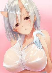 Rule 34 | 1girl, bare shoulders, breasts, cleavage, highres, holding, holding towel, horns, ichikawa noa, large breasts, looking at viewer, oni, oni horns, original, pink background, red eyes, see-through, shirt, short hair, silver hair, simple background, sleeveless, sleeveless shirt, solo, towel, upper body, wet, wet clothes
