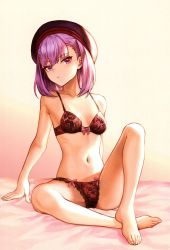 Rule 34 | 1girl, absurdres, arm support, bare arms, bare legs, bare shoulders, barefoot, bed, bed sheet, beret, bow, bow bra, bow panties, bra, breasts, fate/grand order, fate (series), floral print, gradient background, groin, hat, helena blavatsky (fate), highres, looking at viewer, mashuu (neko no oyashiro), medium hair, navel, on bed, panties, parted lips, purple bra, purple eyes, purple hair, purple panties, ribbon, rose print, scan, simple background, sitting, small breasts, solo, stomach, toenails, toes, underwear, underwear only