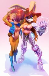Rule 34 | 2girls, animal ears, archie comics, blue eyes, boots, brown hair, bunnie rabbot, clenched hand, cowboy hat, cyborg, electricity, furry, furry female, green eyes, hand on own hip, hat, lips, long hair, multiple girls, parody, rabbit, rabbit ears, rabbit girl, rat rage, red hair, robaato, sally acorn, shadow, short hair, smile, sonic (series), sonic the hedgehog (archie comics), sonic the hedgehog (satam), standing, style parody
