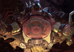 1boy bandaged_wrist bandages belly belt_buckle buckle clenched_hand debris gas_mask hook male_focus mask muscular muscular_male navel nesskain overwatch overwatch_1 pants roadhog_(overwatch) stomach_tattoo tattoo topknot white_hair