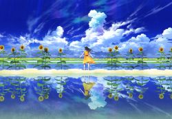 Rule 34 | 1girl, barefoot, black hair, cloud, commentary, day, dress, field, flower, from behind, horizon, long hair, looking afar, mocha (cotton), original, outstretched arms, reflection, scenery, sky, solo, sunflower, technoheart, wind, yellow dress