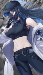 Rule 34 | 1girl, baseball cap, belt, black belt, black gloves, black hair, black hat, black pants, black shirt, blue archive, blue hair, breasts, cafenami, colored inner hair, gloves, grey eyes, halo, hat, highres, large breasts, long hair, multicolored hair, navel, pants, saori (blue archive), shirt, sleeveless, sleeveless shirt, solo, stomach