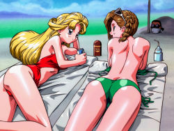 Rule 34 | 1990s (style), 1boy, 2girls, ass, back, battle athletes, beach, bikini, bikini bottom only, blonde hair, blue eyes, braid, brown hair, butt crack, can, day, green bikini, holding, holding can, jessie gurtland, long hair, looking at another, lying, mask, mouth mask, multiple girls, non-web source, official art, on stomach, one-piece swimsuit, outdoors, red one-piece swimsuit, retro artstyle, shiny skin, side-tie bikini bottom, skindentation, smile, sunglasses, swimsuit, topless, towel, untied bikini, yumika karashima