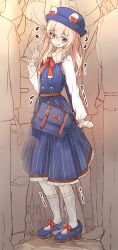 Rule 34 | 1girl, bag, belt, blonde hair, blue dress, blue footwear, blue headwear, blush, clenched hand, dress, embarrassed, flat chest, flying sweatdrops, full body, hand up, hat, highres, kneehighs, long hair, long sleeves, looking down, minoco, multiple boys, multiple girls, neck ribbon, nose blush, open mouth, original, peeing, peeing self, puddle, red eyes, red ribbon, ribbon, shirt, shoes, sleeveless, sleeveless dress, socks, solo focus, standing, sweat, tears, trembling, wet, wet clothes, white shirt, white socks