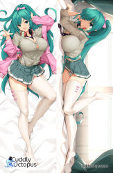 Rule 34 | 1girl, :d, ;), alternate breast size, alternate hairstyle, aqua eyes, aqua hair, between breasts, bow, bow legwear, breasts, commentary, cowboy shot, cuddly octopus, dakimakura (medium), english commentary, full body, grey shirt, hatsune miku, headphones, headphones around neck, highres, indoors, jacket, large breasts, leg up, long hair, looking at viewer, lying, multiple views, necktie, necktie between breasts, no bra, on back, on side, one eye closed, open mouth, panties, pink bow, pink jacket, pleated skirt, ponytail, shirt, skirt, smile, striped clothes, striped panties, thighhighs, tony guisado, underwear, very long hair, vocaloid, white thighhighs