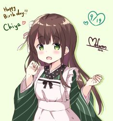 Rule 34 | 1girl, absurdres, ama usa an uniform, apron, artist name, blunt bangs, blush, breasts, brown hair, character name, commentary request, dated, english text, flower, gochuumon wa usagi desu ka?, green background, green eyes, green kimono, hair flower, hair ornament, happy birthday, heart, highres, japanese clothes, kimono, long hair, long sleeves, looking at viewer, maid apron, mofurun, open mouth, pink ribbon, polka dot trim, ribbon, shadow, signature, small breasts, smile, solo, striped clothes, striped kimono, ujimatsu chiya, upper body, white apron, white flower, wide sleeves