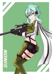 Rule 34 | 1girl, absurdres, anti-materiel rifle, ass, black gloves, black shorts, blue hair, bolt action, butt crack, character name, closed mouth, cropped jacket, fingerless gloves, from side, gloves, green background, green eyes, green jacket, green thighhighs, gun, hair between eyes, hair ornament, hairclip, highres, holding, holding gun, holding weapon, jacket, leaning back, long sleeves, missyouone1812, pgm hecate ii, rifle, scarf, short hair with long locks, short shorts, shorts, sidelocks, sinon, smile, sniper rifle, solo, standing, sword art online, thigh strap, thighhighs, weapon, white scarf