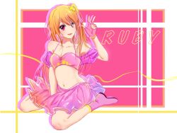 Rule 34 | 1girl, bare shoulders, bikini, blonde hair, border, breasts, character name, cleavage, collarbone, commentary, earrings, frilled skirt, frills, full body, gloves, hair between eyes, hand up, highres, hoshino ruby, jewelry, long hair, looking at viewer, medium breasts, mismatched pupils, navel, one side up, open mouth, oshi no ko, pink bikini, pink footwear, pink gloves, pink hair, pink skirt, purple outline, shadow, sidelocks, sitting, skirt, smile, solo, spaghetti strap, star-shaped pupils, star (symbol), stomach, swimsuit, symbol-shaped pupils, w, wariza, white border, xiang yu pai