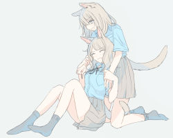 Rule 34 | 2girls, animal ears, black ribbon, blue shirt, cat ears, cat girl, cat tail, closed eyes, collared shirt, commentary request, full body, grey background, grey eyes, grey hair, grey legwear, grey skirt, hands on another&#039;s wrists, holding, holding with tail, inutose, kneeling, looking at another, medium hair, multiple girls, neck ribbon, open mouth, original, pleated skirt, prehensile tail, ribbon, school uniform, shirt, shirt tucked in, short sleeves, simple background, sitting, skirt, smile, socks, tail, tail grab, tail wrap, yuri