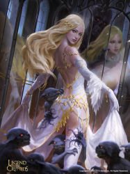 Rule 34 | 1girl, blonde hair, blue eyes, breasts, dated, demon, different reflection, dress, elbow gloves, familiar, fantasy, gloves, kilart, legend of the cryptids, long hair, medium breasts, mirror, parted bangs, reflection, solo focus, thighhighs, white dress, white gloves, white thighhighs