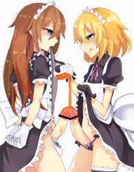 Rule 34 | 1boy, 1futa, apron, arms behind back, bar censor, bell, bell panties, black gloves, blonde hair, blue eyes, blush, bow, bow panties, bridal garter, brown hair, censored, clothes lift, dress, dress lift, erection, frilled gloves, frills, futa with male, futanari, gloves, green eyes, hair between eyes, honey, jar, jingle bell, licking lips, long hair, looking down, maid, maid headdress, mouth hold, navel, onigensou, original, panties, penis, penises touching, pointless censoring, pouring, puffy short sleeves, puffy sleeves, ribbon, short hair, short sleeves, tongue, tongue out, trap, underwear, white background, white gloves