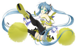 Rule 34 | aqua hair, bad id, bad pixiv id, detached sleeves, foreshortening, green eyes, hatsune miku, headphones, headset, highres, long hair, midriff, nakabayashi reimei, necktie, open mouth, panties, pom pom (cheerleading), simple background, skirt, solo, striped clothes, striped panties, thighhighs, twintails, underwear, very long hair, vocaloid