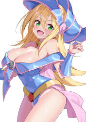 Rule 34 | 1girl, absurdres, bad id, bad twitter id, bare shoulders, blonde hair, blue hat, blush, breasts, cleavage, collarbone, covered navel, dark magician girl, duel monster, female focus, gem, green eyes, hat, highres, ichi-jirushi, large breasts, long hair, looking at viewer, open mouth, pentacle, red gemstone, simple background, skirt, smile, solo, thighs, tongue, white background, wide hips, witch hat, wizard hat, yu-gi-oh!, yu-gi-oh! duel monsters