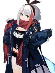 Rule 34 | 1girl, admiral graf spee (azur lane), alternate costume, azur lane, bag, blue eyes, breasts, casual, cleavage, close-up, commentary request, contemporary, cowboy shot, cross, fins, fish tail, hairband, handbag, iron cross, jacket, long sleeves, looking at viewer, mania (fd6060 60), midriff, multicolored hair, oversized clothes, red hair, red legwear, red scarf, scarf, shark tail, short hair with long locks, simple background, sleeves past wrists, solo, streaked hair, tail, walking, white background, white hair