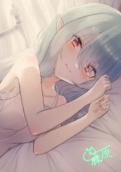 Rule 34 | 1girl, blue hair, closed mouth, highres, indoors, katsukare, looking at viewer, lying, nail polish, on bed, on side, pajamas, pointy ears, red eyes, red nails, remilia scarlet, short hair, signature, smile, solo, touhou