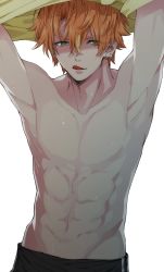 Rule 34 | 1boy, blouse, clothes lift, unworn clothes, earrings, highres, jewelry, looking at viewer, male focus, mochi noue, multicolored hair, muscular, orange hair, pants, project sekai, shinonome akito, shirt, shirt lift, unworn shirt, short hair, tongue, tongue out, two-tone hair, yellow eyes, yellow shirt