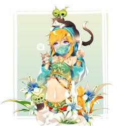 Rule 34 | 1boy, animal, animal on head, arabian clothes, bare shoulders, blonde hair, blue eyes, bridal gauntlets, circlet, collarbone, commentary, creature, crop top, crossdressing, detached sleeves, flower, frills, gerudo set (zelda), grey background, halterneck, highres, jewelry, korok, link, looking at viewer, male focus, midriff, mouth veil, navel, nintendo, on head, paw pose, pointy ears, rhea (0u0), see-through, sidelocks, silent princess, speech bubble, spoken paw, stomach, symbol-only commentary, the legend of zelda, the legend of zelda: breath of the wild, two-tone background, upper body, veil, white flower