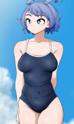Rule 34 | 1girl, absurdres, alternate hair length, alternate hairstyle, arms behind back, blue eyes, blue hair, blue one-piece swimsuit, blue sky, boku no hero academia, breasts, cloud, day, drill hair, hadou nejire, hair horns, highres, large breasts, one-piece swimsuit, outdoors, school swimsuit, sky, solo, swimsuit, twin drills, zerachin8