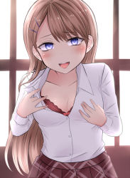 Rule 34 | 1girl, :d, blonde hair, blue eyes, blush, bow, bow bra, bra, breasts, buttons, cleavage, collarbone, collared shirt, cowboy shot, dress shirt, fingernails, hair ornament, hairclip, hand on breast, hand on own chest, head tilt, highres, lingerie, long hair, long sleeves, looking at viewer, neit ni sei, open mouth, original, plaid, plaid skirt, pleated skirt, purple eyes, red bow, red bra, red skirt, round teeth, shirt, skirt, small breasts, smile, solo, sweatdrop, teeth, tsurime, underwear, very long hair, white shirt