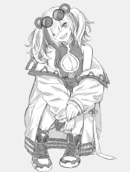 Rule 34 | 1girl, animal ears, arknights, bluuue, breasts, china dress, chinese clothes, cleavage, cleavage cutout, clothing cutout, dress, eyewear on head, feater (arknights), greyscale, monochrome, off-shoulder jacket, off shoulder, one eye closed, panda ears, shoes, sneakers, solo, squatting, sunglasses, twintails