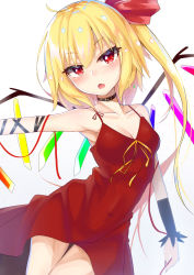 Rule 34 | 1girl, absurdres, alternate costume, bad id, bad pixiv id, bare shoulders, blonde hair, blush, bow, choker, dress, fang, flandre scarlet, gem, hair bow, highres, long hair, looking at viewer, nail polish, open mouth, red bow, red dress, red eyes, red nails, side ponytail, solo, tohochang, touhou, very long hair, wings
