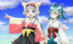 Rule 34 | 2girls, animal hat, bad id, bad pixiv id, blue eyes, blue hair, blush, day, green hair, hair over one eye, hat, holding hands, inuyama (oshiro project), japanese clothes, kimono, long hair, multiple girls, open mouth, oshiro project:re, parted bangs, pointing, ribbon, sky, standing
