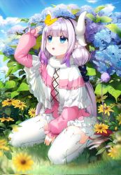 Rule 34 | 1girl, :o, black hairband, blue eyes, blue sky, blunt bangs, bug, butterfly, cloud, commentary request, day, dragon girl, dragon horns, flower, grass, hairband, highres, horns, insect, kanna kamui, kobayashi-san chi no maidragon, long hair, long sleeves, looking at animal, looking up, low twintails, pink hait, sitting, sky, solo, tail, thighhighs, thighs, ttorong, twintails, wariza, white thighhighs