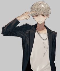 Rule 34 | 1boy, bad id, bad tumblr id, black jacket, black shirt, earrings, finger to head, grey background, grey eyes, grin, highres, hirota tsuu, jacket, jewelry, long sleeves, looking at viewer, male focus, necklace, open clothes, open jacket, original, parted lips, shirt, silver hair, simple background, smile, solo, standing, upper body