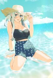 Rule 34 | 1girl, absurdres, alternate costume, bikini, blue eyes, blue sky, breasts, cloud, day, ff8h5, folded ponytail, hat, highres, holding, holding clothes, holding hat, horizon, kamoi (kancolle), kantai collection, large breasts, looking at viewer, mismatched bikini, ocean, outdoors, partially submerged, polka dot, polka dot bikini, sidelocks, sitting, sky, solo, sun hat, swimsuit, wariza, water, white hair, yellow hat