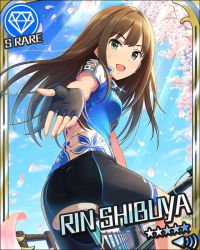 Rule 34 | 10s, 1girl, artist request, ass, bicycle, bike jersey, bike shorts, brown hair, card (medium), character name, cherry blossoms, gem (symbol), earrings, fingerless gloves, gloves, green eyes, idolmaster, idolmaster cinderella girls, jewelry, long hair, looking back, necklace, official art, outstretched hand, petals, shibuya rin, smile, solo