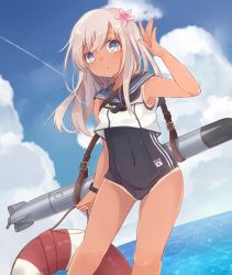 Rule 34 | 10s, 1girl, bad id, bad pixiv id, blonde hair, blue eyes, cloud, flower, hair ornament, innertube, kantai collection, long hair, riruno, ro-500 (kancolle), sky, solo, swim ring, swimsuit, swimsuit under clothes, tan, thighs, torpedo