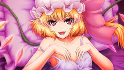 Rule 34 | 1girl, ascot, blonde hair, dress, fangs, female focus, flandre scarlet, frilled pillow, frills, hands on own chest, hat, hat ribbon, highres, lying, nazal, nightgown, off shoulder, on back, open mouth, pillow, purple dress, red eyes, ribbon, short hair, side ponytail, signature, smile, solo, strap slip, embodiment of scarlet devil, touhou, wings