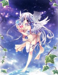 Rule 34 | 00s, 1girl, absurdres, ahoge, aquarian age, barefoot, elf, feet, flower, flower necklace, flower on head, hair flower, hair ornament, highres, izumi tsubasu, jewelry, leaf, leg ribbon, legband, navel, necklace, no shoes, pointy ears, ribbon, rose, single thighhigh, sky, solo, star (sky), starry sky, thighhighs, wings