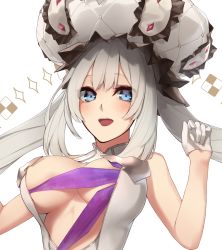 Rule 34 | 1girl, :d, alternate breast size, blue eyes, blush, breasts, cleavage, enosan, fate/grand order, fate (series), gloves, grey hair, hat, highres, long hair, looking at viewer, marie antoinette (fate), marie antoinette (third ascension) (fate), open mouth, simple background, smile, solo, teeth, white background, white gloves