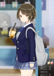 Rule 34 | 1girl, backpack, bag, black cat, blazer, blue jacket, blue nails, blue skirt, blurry, blurry background, blush, bob cut, brown hair, bubble tea, cafe, cat, closed mouth, commentary, cup, drink, drinking straw, expressionless, from side, grey backpack, grey sweater vest, hair strand, hanae haruka, highres, holding, holding cup, holding drink, jacket, jiji (majo no takkyuubin), light blush, looking at viewer, looking to the side, majo no takkyuubin, nail polish, original, parted bangs, plaid, plaid skirt, pleated skirt, red ribbon, ribbon, school uniform, short hair, sign, skirt, solo, sweater vest