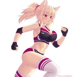 Rule 34 | 1girl, animal ear fluff, animal ears, black gloves, blonde hair, blush, breasts, buruma, cat ears, cleavage, commentary, elbow pads, english commentary, fingerless gloves, gloves, highres, large breasts, long hair, midriff, navel, nottytiffy, open mouth, original, patreon username, ponytail, profile, red eyes, running, slit pupils, solo, sports bikini, sports bra, sportswear, thighhighs, tiffy (nottytiffy), watermark, web address, white background, white thighhighs