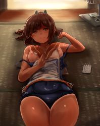 Rule 34 | 10s, 1girl, absurdres, bad id, bad nijie id, breasts, brown eyes, brown hair, firebeat (foxtrot), foxtrot, hair ornament, hairclip, hand fan, highres, i-401 (kancolle), kantai collection, long hair, lying, name tag, nipples, notepad, on back, one-piece swimsuit, one-piece tan, ponytail, sailor collar, school swimsuit, short ponytail, small breasts, solo, strap slip, swimsuit, swimsuit under clothes, tan, tanline, tatami, undressing