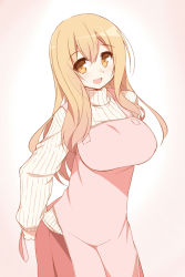 Rule 34 | 10s, 1girl, :d, apron, blonde hair, breasts, character request, highres, hoppege, large breasts, long hair, looking at viewer, open mouth, ribbed sweater, simple background, smile, solo, sunohara ayaka, sunoharasou no kanrinin-san, sweater, turtleneck, yellow eyes