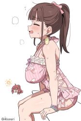 Rule 34 | bare shoulders, blush, bow, bracelet, breasts, brown hair, casual one-piece swimsuit, choker, closed eyes, clothing cutout, earrings, exhausted, frilled one-piece swimsuit, frills, from side, hair bow, hands on ground, high ponytail, highres, idolmaster, idolmaster shiny colors, jewelry, komiya kaho, large breasts, long hair, one-piece swimsuit, open mouth, pearl bracelet, pink bow, pink one-piece swimsuit, ponytail, sagging breasts, shisoneri, side cutout, sidelocks, simple background, sitting, solo focus, sonoda chiyoko, sweat, swimsuit, twitter username, white background, wristband