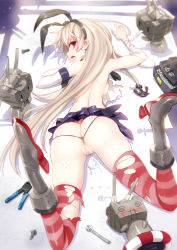 Rule 34 | 10s, 1girl, anchor, ass, bandages, bandaid, bandaid on pussy, black panties, blonde hair, blood, blush, bolt (hardware), boots, breasts, butt crack, clare (543), elbow gloves, g-string, gloves, grey footwear, hair ornament, hairband, kantai collection, legs, long hair, nosebleed, open mouth, panties, personification, red thighhighs, rensouhou-chan, shimakaze (kancolle), sideboob, skindentation, skirt, small breasts, striped clothes, striped thighhighs, sweat, thighhighs, thong, tools, torn clothes, torn legwear, underwear, white gloves