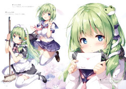 Rule 34 | 1girl, absurdres, bag, blue eyes, breasts, character name, flower, frog hair ornament, full body, green eyes, hair ornament, hand up, highres, holding, kochiya sanae, loafers, long hair, long sleeves, looking at viewer, maid, maid headdress, mail, medium breasts, miyase mahiro, multiple views, navel, one eye closed, open mouth, parted lips, pleated skirt, puffy short sleeves, puffy sleeves, ribbon, sailor collar, scarf, school bag, school uniform, shoes, short sleeves, sitting, skirt, sleeves past wrists, smile, snake hair ornament, stomach, thighhighs, touhou, upper body, v, wariza, winter clothes