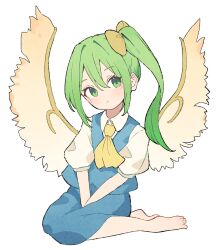 Rule 34 | 1girl, barefoot, blue skirt, blue vest, blush, closed mouth, collared shirt, daiyousei, fairy, fairy wings, full body, garasuno, green eyes, green hair, hair between eyes, highres, long hair, looking at viewer, puffy short sleeves, puffy sleeves, shirt, short sleeves, side ponytail, simple background, skirt, solo, toes, touhou, vest, white background, white shirt, wings