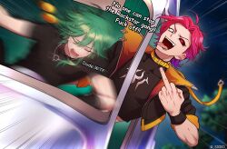 Rule 34 | 2boys, absurdres, ahoge, black jacket, black shirt, car, colored sclera, covered collarbone, cropped jacket, driving, ezreal, fangs, green hair, hair between eyes, hand up, heartsteel (league of legends), heartsteel ezreal, heartsteel kayn, heterochromia, highres, jacket, kayn (league of legends), league of legends, middle finger, motor vehicle, multicolored clothes, multicolored hair, multicolored jacket, multiple boys, open clothes, open jacket, orange jacket, pillosopi, pink hair, red eyes, red hair, red sclera, shirt, short hair, short sleeves, sunglasses, teeth, tongue, tongue out, two-tone hair