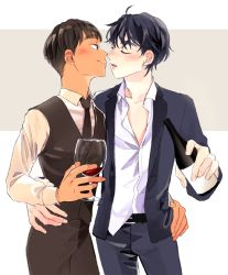 Rule 34 | 2boys, bad id, bad pixiv id, black hair, blush, bottle, cup, dark skin, dark-skinned male, drinking glass, closed eyes, grey eyes, hand on another&#039;s hip, imminent kiss, lee seung-gil, male focus, multiple boys, necktie, open clothes, open shirt, phichit chulanont, shirt, smile, waistcoat, wine glass, yaoi, yuri!!! on ice, yuuki (kkurcc)