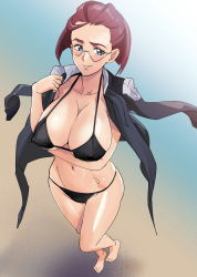 Rule 34 | 10s, 1girl, arm on another&#039;s shoulder, arm under breasts, bad id, bad pixiv id, bare shoulders, barefoot, bikini, black bikini, blue eyes, bob cut, breasts, cleavage, collarbone, emilia (gundam build divers), eyelashes, from above, full body, glasses, gradient background, gundam, gundam build divers, highres, jacket, jacket over shoulder, unworn jacket, large breasts, navel, ontaros, open clothes, open jacket, purple hair, rimless eyewear, short hair, smile, solo, swimsuit